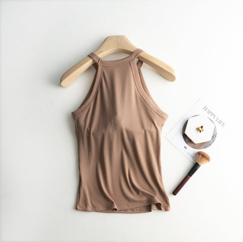 Slim Halter Neck Off-Shoulder Camisole Tops for Women - Stylish Solid Tank Tees with Chest Pad for Comfortable Summer Wear